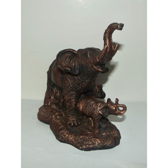 Elephant Family Bronze-Colored Chalkware Figurine 8" Rustic Decor Accent Piece - Picture 8 of 11